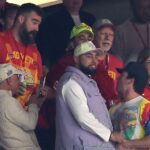 Jason Kelce Poses with Eagles Fan Miles Teller as They Cheer on Travis Kelce at Super Bowl 2024